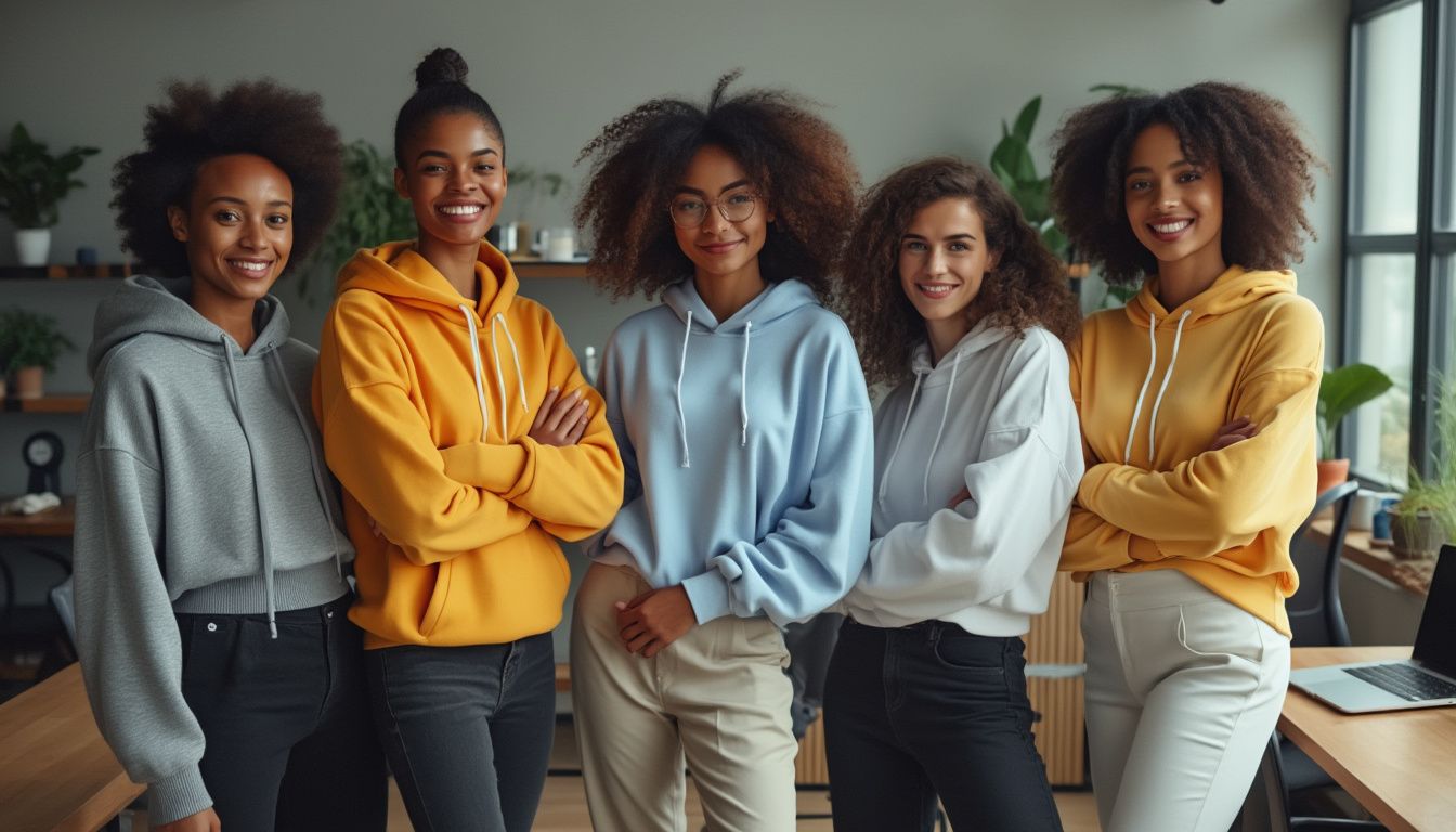 A diverse group of professionals in a modern office setting, wearing stylish hoodies paired with smart trousers and skirts.