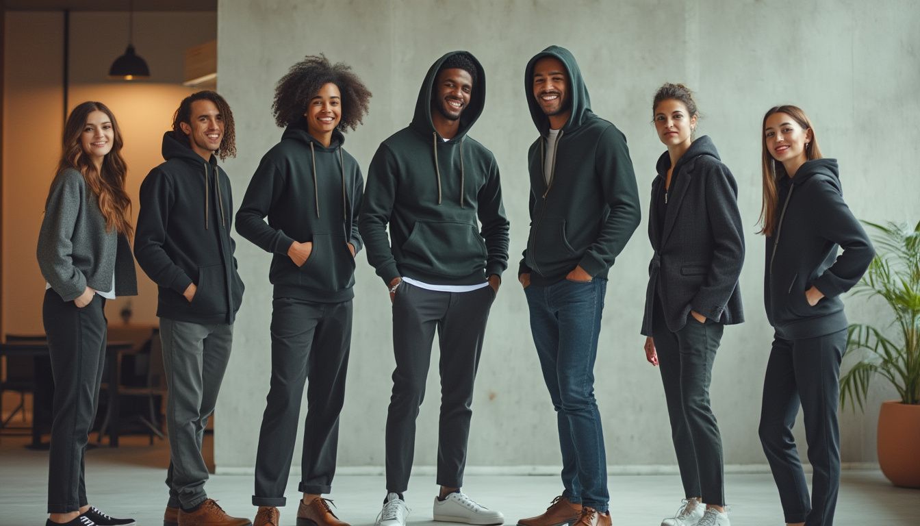 A stylish office setting featuring diverse professionals wearing elegantly designed hoodies with tailored pants, blazers, and polished shoes, showcasing a blend of comfort and professionalism.