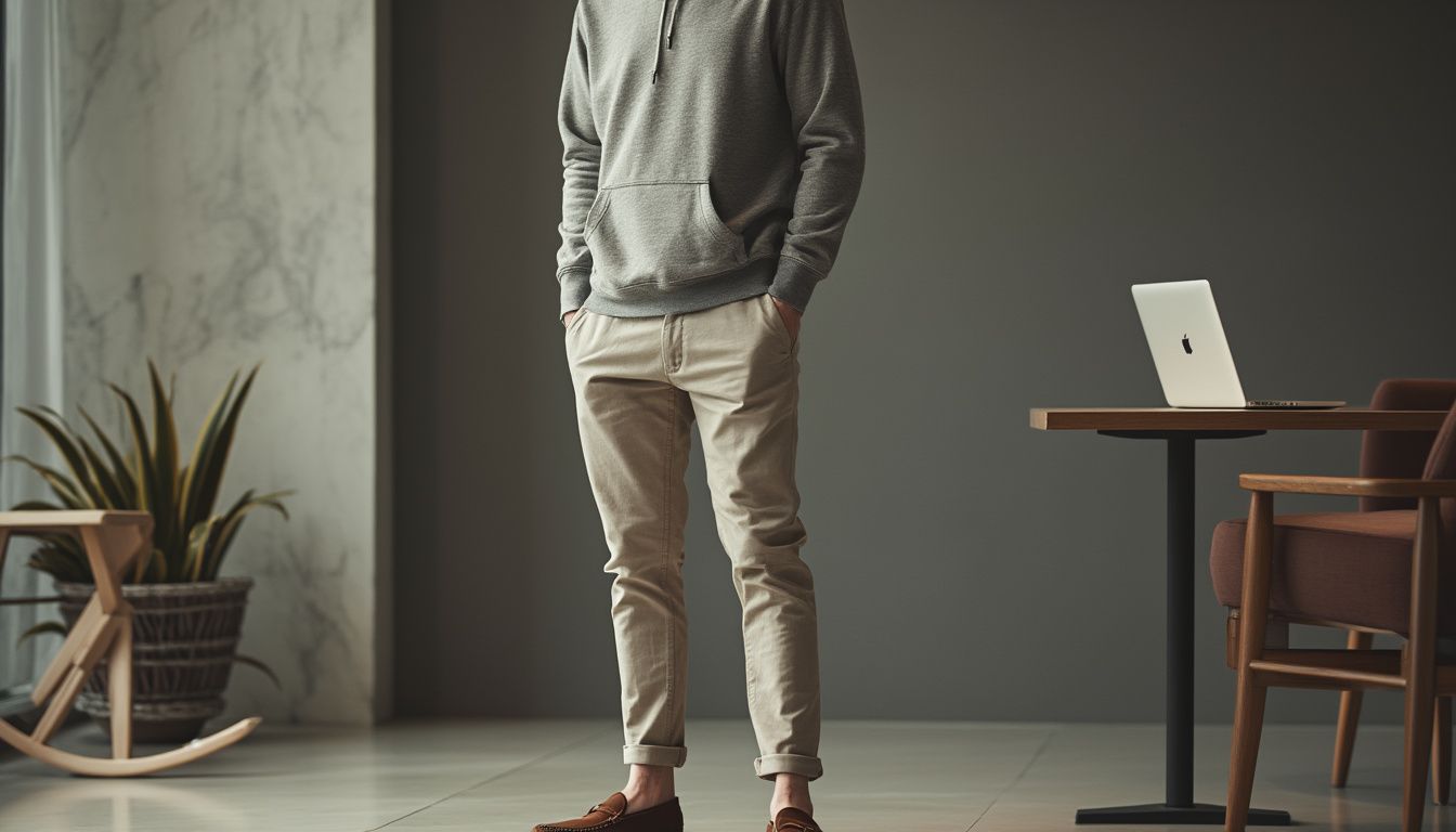 A stylish office setting with a person wearing a sleek, tailored hoodie paired with chino pants and polished loafers.