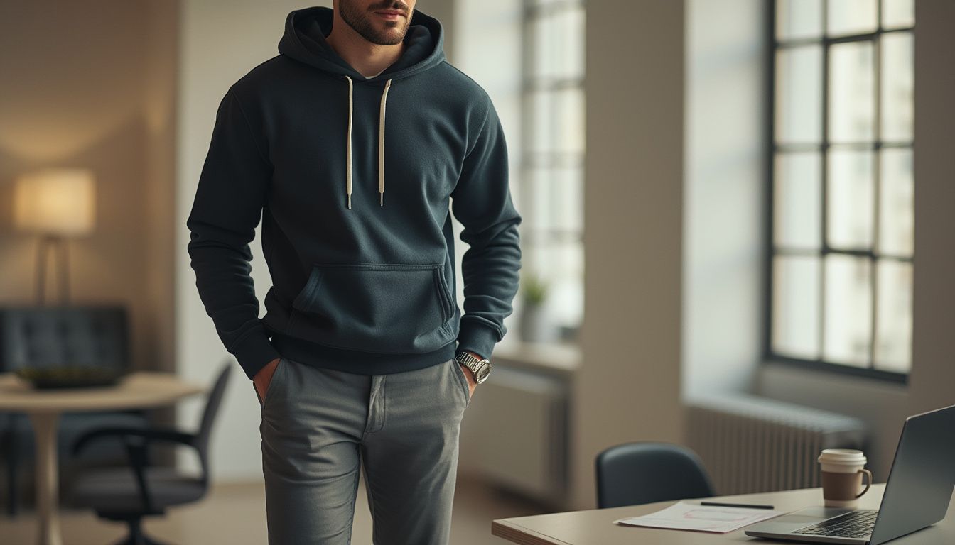 A stylish hoodie paired with tailored trousers and sleek loafers in a modern office setting, soft lighting highlighting a balance of comfort and professionalism, with a laptop and a coffee mug on a minimalist desk.