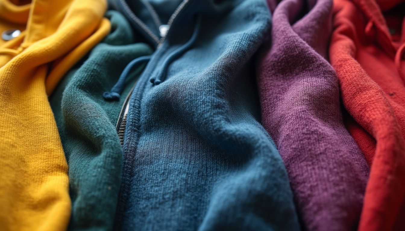 A close-up of various hoodie fabrics: cotton, polyester, and blends. Display vibrant colors and textures, highlighting the differences. Include a magnifying glass effect to emphasize material fibers and weave patterns.