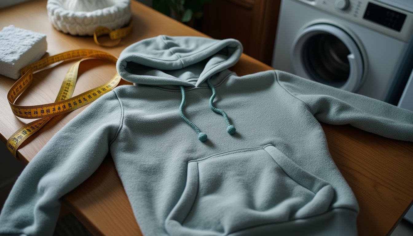 A cozy hoodie lying on a wooden table, surrounded by a tape measure, fabric softener, and a washing machine in the background. Soft, natural lighting highlights the plush texture and vibrant color of the hoodie.