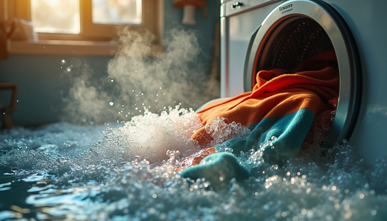 A steaming washing machine filled with hot water, a vibrant oversized hoodie submerged, swirling with bubbles, fabric fibers tightening. Sunlight streaming through a window, casting warm shadows across the laundry room.