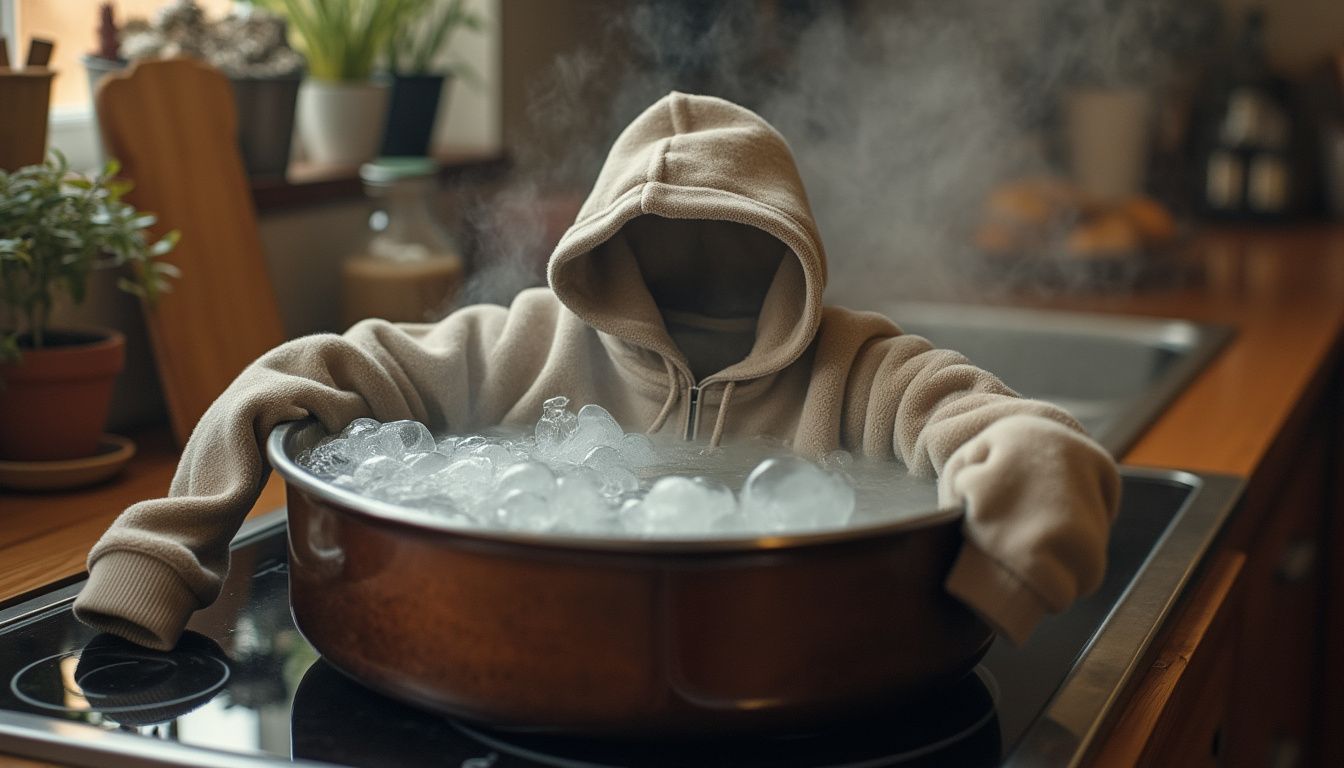 A cozy, oversized hoodie submerged in a bubbling pot of boiling water, steam rising around it, with a cozy kitchen ambiance, hints of warm lighting, and wooden countertops.