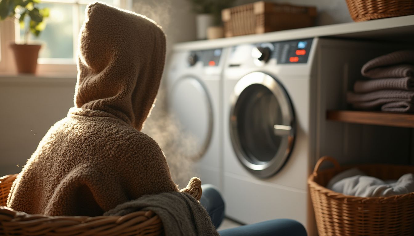 A cozy hoodie inside a brightly lit laundry room, placed next to a modern dryer displaying its heat settings. The dryer emits a gentle steam, with a basket of neatly folded clothes nearby, evoking warmth and practicality.