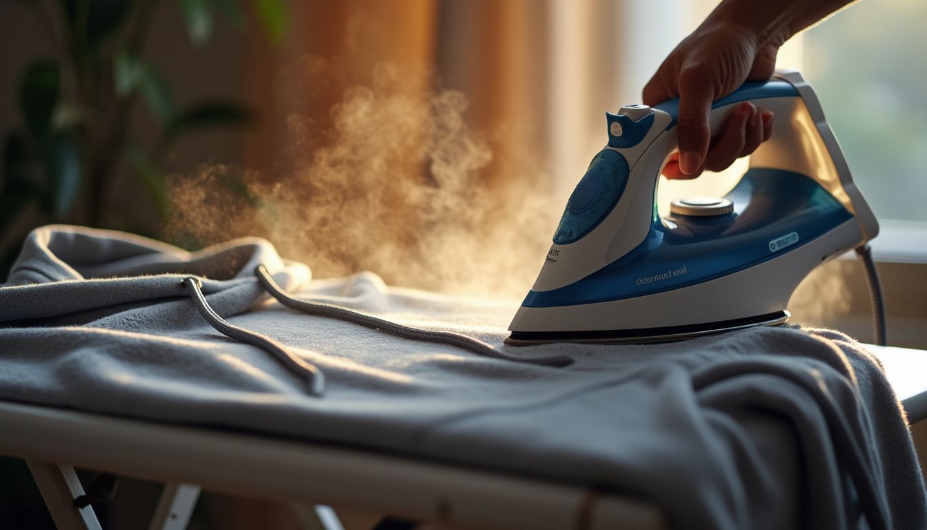 A steaming iron gliding over a soft, grey hoodie on an ironing board, with visible steam rising. The fabric appears to slightly contract under the heat, surrounded by warm, ambient lighting.