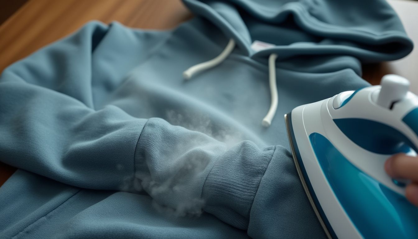 A close-up of a hoodie with steam rising from a precise iron, targeting the sleeve. Focus on fabric texture, subtle color contrast, and the gentle application of heat to specific areas.