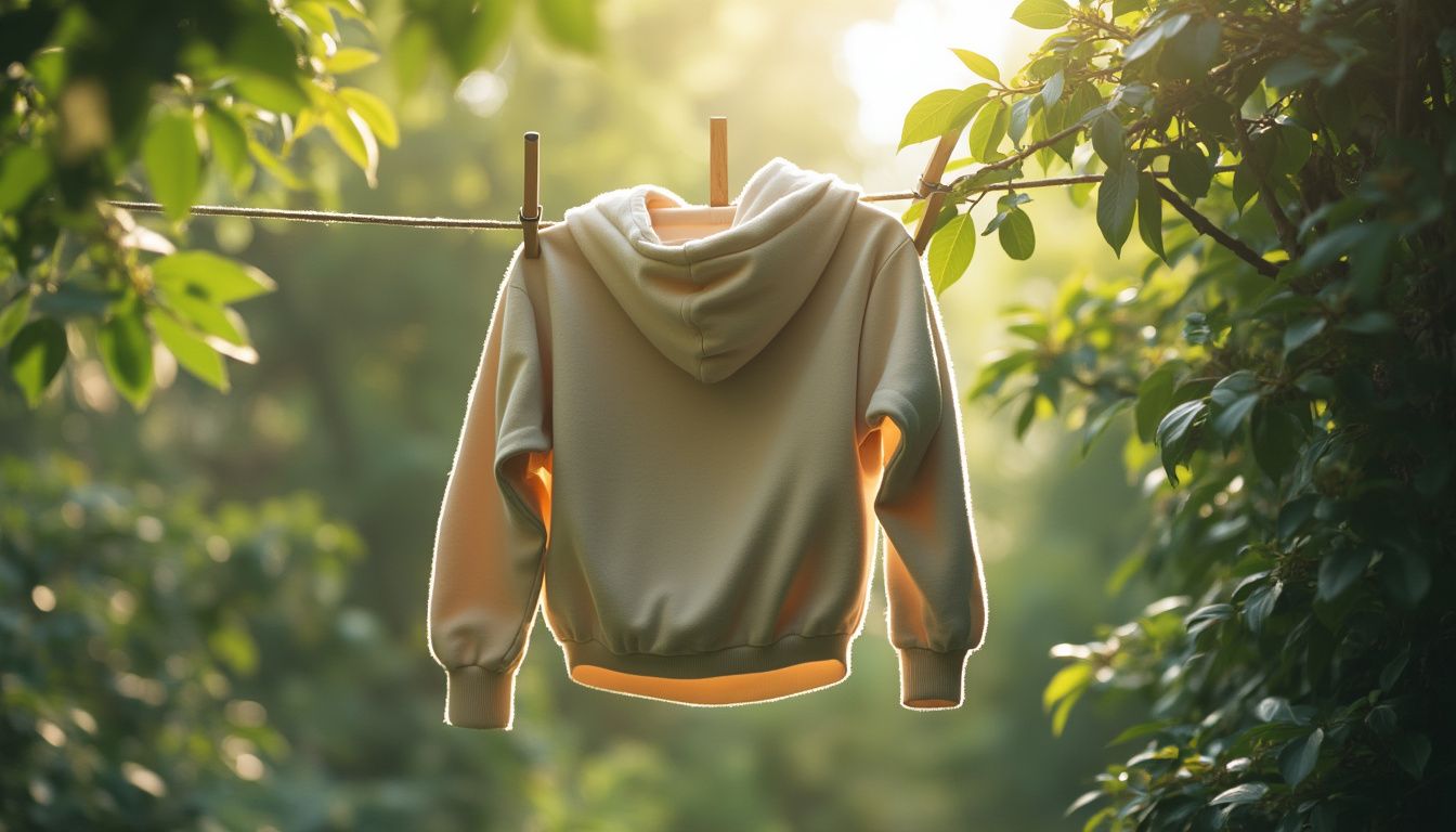 A cozy hoodie gently hanging on a wooden clothesline outdoors, surrounded by lush green foliage.