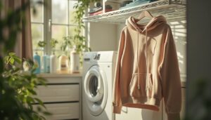 A cozy, freshly-shrunk hoodie hanging on a drying rack in a sunlit laundry room, surrounded by bottles of fabric softener, a gentle steamer, and a soft-bristle fabric brush, with lush green plants nearby.