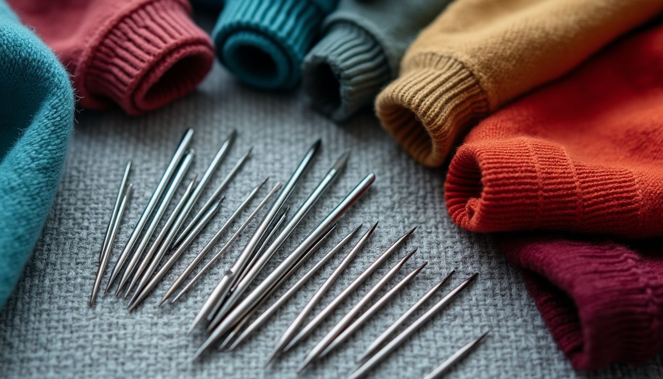 A variety of sewing needles displayed on a fabric background, including ballpoint, universal, and stretch needles, alongside a colorful assortment of hoodie fabrics showcasing different textures and stitches, all under soft lighting.