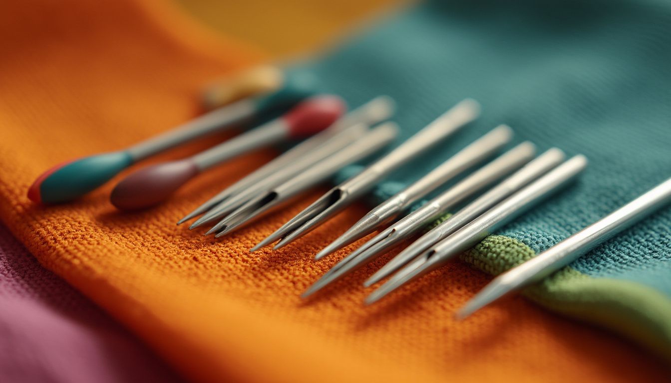 A close-up of various sewing needles arranged on a soft, textured stretch fabric in vibrant colors, showcasing the needles' unique features, including ballpoint, stretch, and jersey types, with a blurred background of sewing tools.