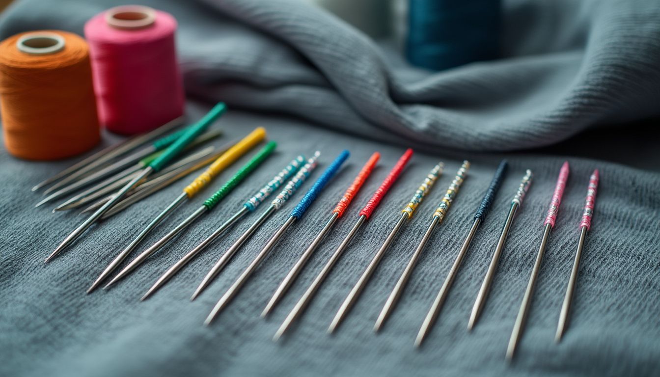 A vibrant display of various needle brands for sewing hoodies, arranged in an artistic layout.