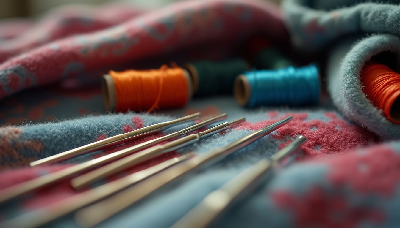 A close-up of various sewing needles arranged on a soft, textured fleece fabric, with subtle lighting highlighting the differences in needle types and sizes, surrounded by colorful threads and a cozy hoodie in the background.